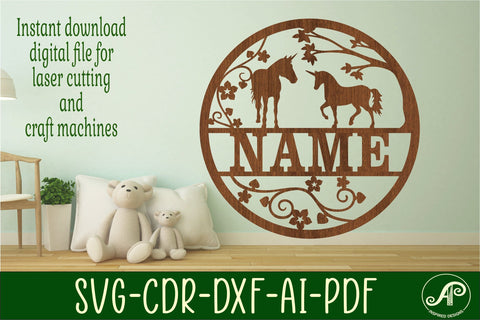 Unicorn and vines name sign svg laser cut template SVG APInspireddesigns 