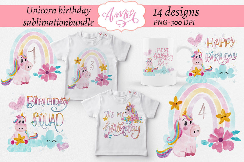 Unicorn birthday sublimation designs Bundle, Sublimation Amorclipart 