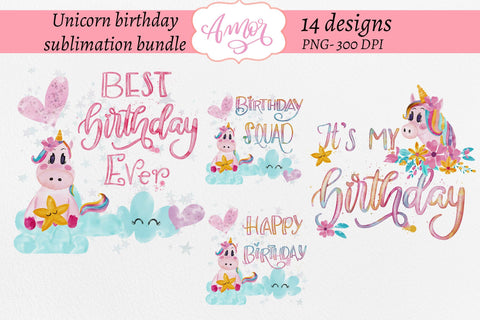 Unicorn birthday sublimation designs Bundle, Sublimation Amorclipart 