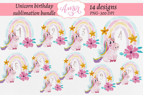 Unicorn birthday sublimation designs Bundle, Sublimation Amorclipart 