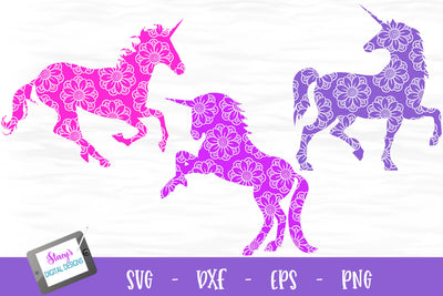 Unicorn Bundle - 3 Unicorns with floral mandala patterns SVG Stacy's Digital Designs 