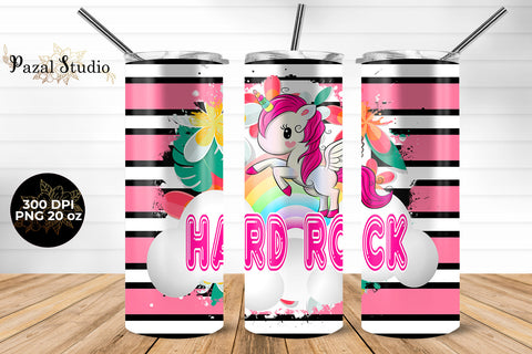 Unicorn Hard Rock on Stripes 20 oz Skinny Tumbler Wrap Sublimation Design Sublimation Pazal Studio 