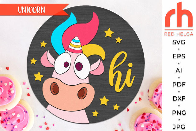 Unicorn Hi SVG, Layered Round Hanger Cut File, Kids Door Sign DXF, Unicorn Silhouette SVG RedHelgaArt 