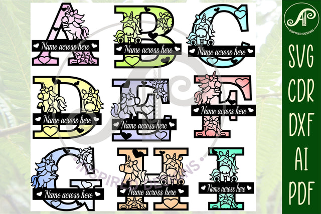 Unicorn monogram letter Name signs 3 layer design SVG bundle SVG APInspireddesigns 