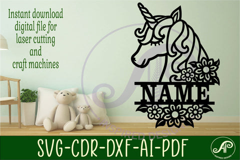 Unicorn Name sign svg laser cut template, door or wall SVG APInspireddesigns 