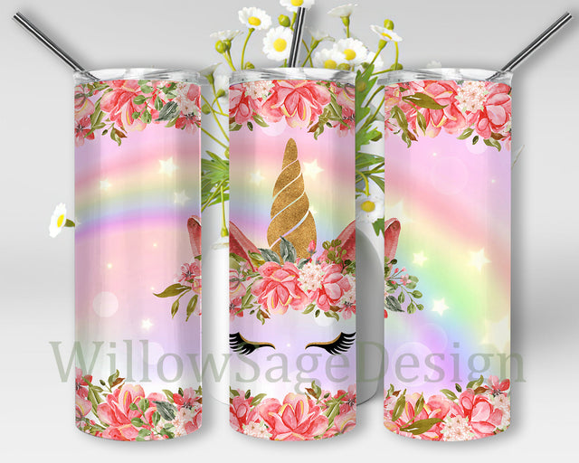 Unicorn Rainbow 20oz Tumbler Wrap, Unicorn Floral Tumbler Png, Watercolor Floral Design Png, Unicorn Sublimation Design, Digital Download Sublimation WillowSageDesign 