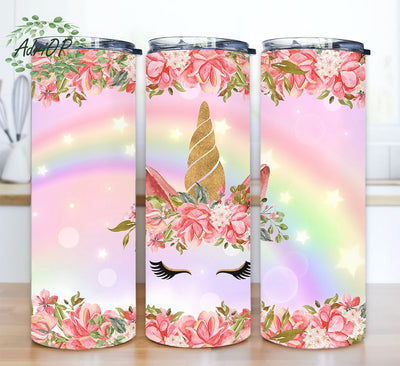 Unicorn Rainbow Shining 20 oz Tumbler Sublimation Wrap,Glitter Unicorn Skinny Tumbler PNG,Horse Horn Flower Road Design,Digital Download Png Sublimation AdriOP 
