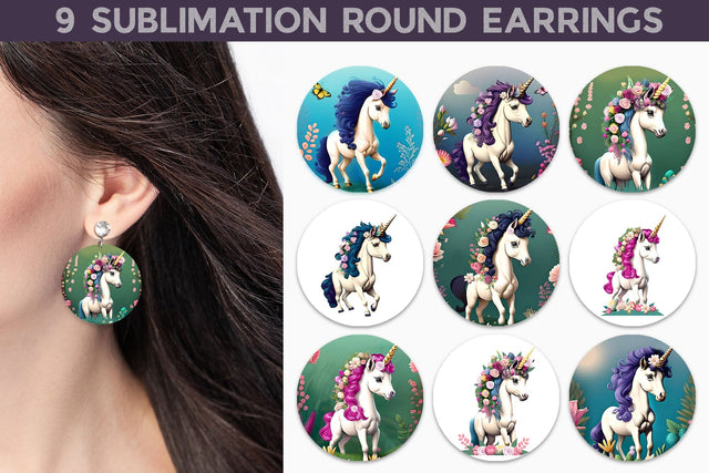 Unicorn Round Earrings Bundle Sublimation WatercolorColorDream 