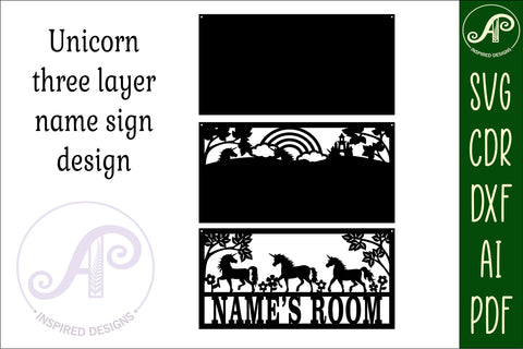Unicorn scene name sign SVG 3 layer laser cut template SVG APInspireddesigns 