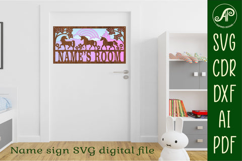 Unicorn scene name sign SVG 3 layer laser cut template SVG APInspireddesigns 