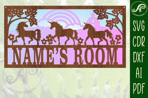 Unicorn scene name sign SVG 3 layer laser cut template SVG APInspireddesigns 