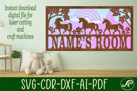 Unicorn scene name sign SVG 3 layer laser cut template SVG APInspireddesigns 