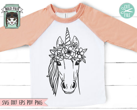 Unicorn SVG File, Unicorn With Flower Crown SVG, Unicorn Cut File, Animal Face SVG, Floral Crown SVG, Unicorn With Flowers On Head SVG, Cute Unicorn SVG SVG Wild Pilot 