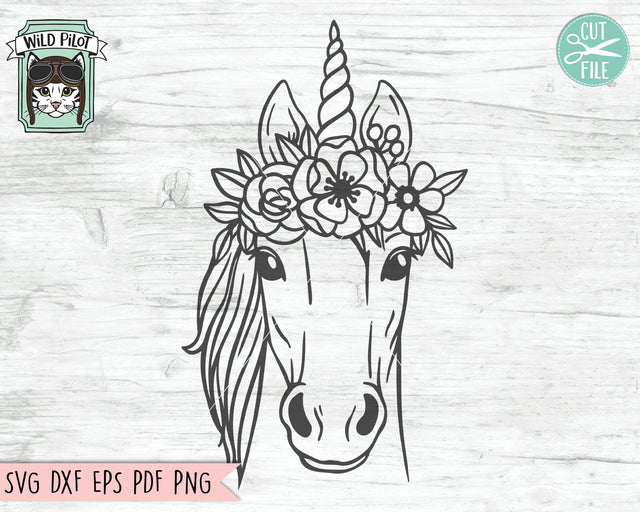 Unicorn SVG File, Unicorn With Flower Crown SVG, Unicorn Cut File, Animal Face SVG, Floral Crown SVG, Unicorn With Flowers On Head SVG, Cute Unicorn SVG SVG Wild Pilot 