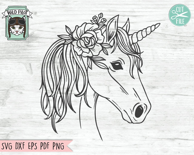 Unicorn SVG File, Unicorn With Flower Crown SVG, Unicorn Cut File, Animal Face SVG, Floral Crown SVG, Unicorn With Flowers On Head SVG, Cute Unicorn SVG SVG Wild Pilot 