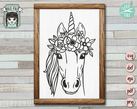 Unicorn SVG File, Unicorn With Flower Crown SVG, Unicorn Cut File, Animal Face SVG, Floral Crown SVG, Unicorn With Flowers On Head SVG, Cute Unicorn SVG SVG Wild Pilot 