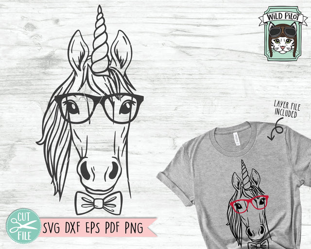 Unicorn SVG File, Unicorn With Glasses Bowtie SVG, Unicorn Cut File, Animal Face SVG, Cut Boy Unicorn SVG, Cute Unicorn Face SVG, Eyeglasses SVG SVG Wild Pilot 