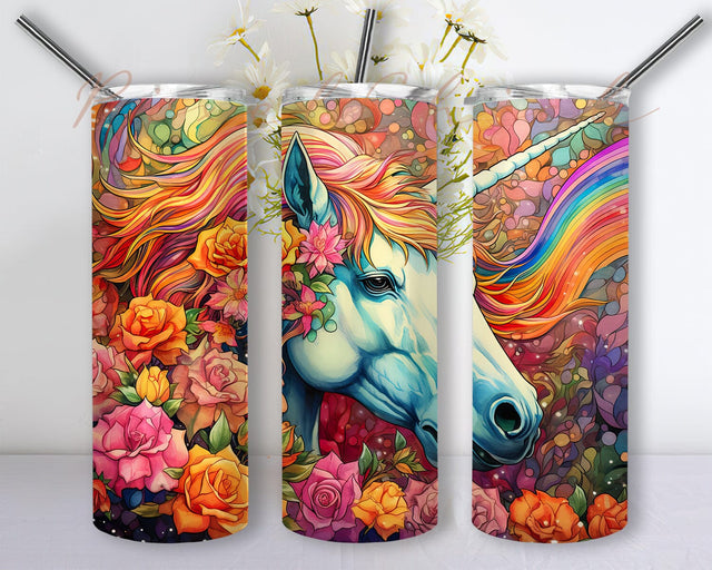 Unicorn With A Shiny Golden Horn 20oz Skinny Tumbler Png, Rainbow Unicorn With Flowers Tumbler, Neon Rainbow Ink, Colorful Kids Digital Download Sublimation PixelChick 