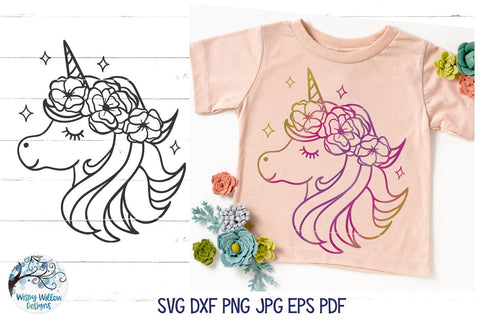 Unicorn with Flower Crown SVG SVG Wispy Willow Designs 