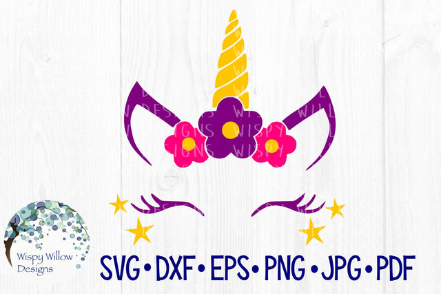 Unicorn with Flowers and Stars SVG Wispy Willow Designs 