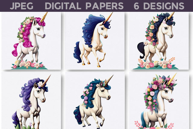 Unicorn With Flowers Digital Papers Digital Pattern WatercolorColorDream 