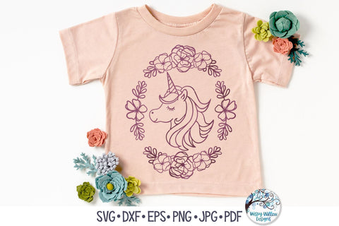 Unicorn with Oval Flower Frame SVG SVG Wispy Willow Designs 