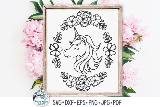 Unicorn with Oval Flower Frame SVG SVG Wispy Willow Designs 