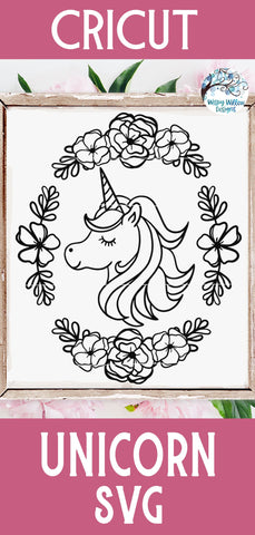 Unicorn with Oval Flower Frame SVG SVG Wispy Willow Designs 