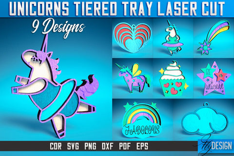 Unicorns Tiered Tray Laser Cut SVG | Tiered Tray Laser Cut SVG Design | CNC Files SVG Fly Design 