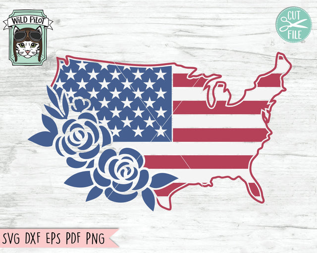 United States SVG, American Flag SVG, July 4th SVG, Fourth of July SVG, USA SVG, USA Flowers SVG, America Floral SVG, American Flag Floral SVG, Map SVG SVG Wild Pilot 