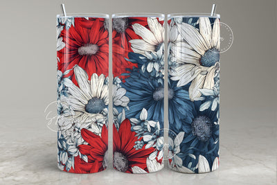 USA Flag Color Tumbler, Daisy Tumbler, America Tumbler, 4th of July, 20oz Skinny Tumbler Seamless Sublimation, Patriotic Floral Tumbler Wrap Sublimation Syre Digital Creations 