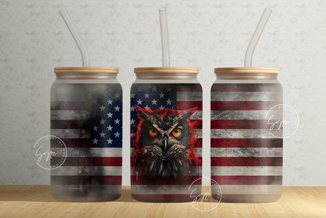 USA flag tumbler, Owl Tumbler, 4th of July, Patriotic Tumbler Wrap, 16oz Libbey Glass Can Tumbler Sublimation Design, fathers day gifts Sublimation Syre Digital Creations 