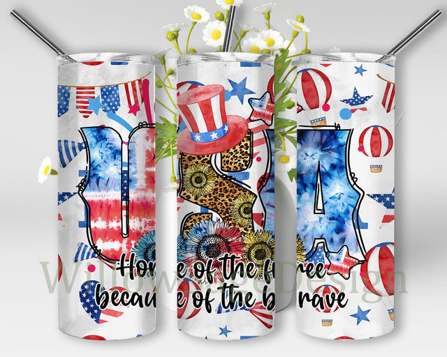 USA Home Of The Free Because Of The Brave 20oz Skinny Tumbler Png, Red White Blue Flag America Png, Leopard Sunflower USA Tumbler Sublimation WillowSageDesign 