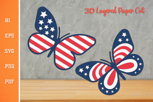 USA Patterned Butterfly - 3D Layered Paper Cut SVG SVG Slim Studio 