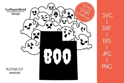 Utah UT state map Cute Halloween Boo scary ghosts faces SVG DXF EPS PNG JPEG SVG FunPaperWood 