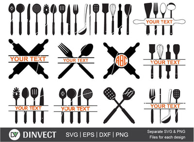 Utensils SVG, Spoon silhouette, Kitchen clipart, Kitchen Monogram SVG, Cooking SVG, Rolling Pin, Cut file, for silhouette, Cut File, Silhouette Studio SVG Dinvect 
