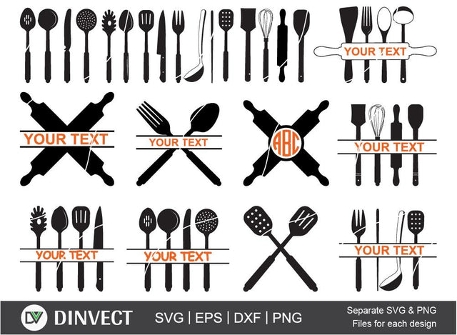 Utensils SVG, Spoon silhouette, Kitchen clipart, Kitchen Monogram SVG, Cooking SVG, Rolling Pin, Cut file, for silhouette, Cut File, Silhouette Studio SVG Dinvect 