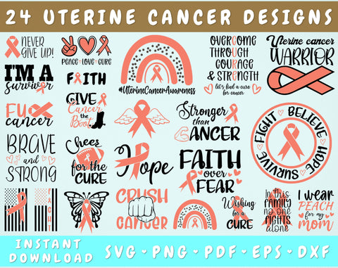 Uterine Cancer Awareness SVG Bundle, 24 Bundle, Uterine Cancer Cricut Files, Peach Cancer Ribbon SVG, Uterine Cancer PNG SVG HappyDesignStudio 