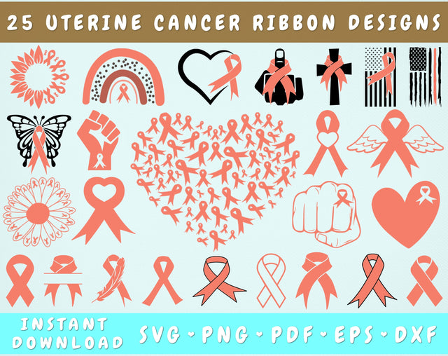 Uterine Cancer Ribbon SVG Bundle, 25 Designs, Uterine Cancer Clipart, Uterus Cancer PNG Files For Sublimation, Peach Cancer Ribbon SVG SVG HappyDesignStudio 