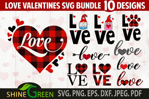 Valentine Bundle SVG - Love Gnome, Heart, Paw Buffalo Plaid Cut Files SVG Shine Green Art 