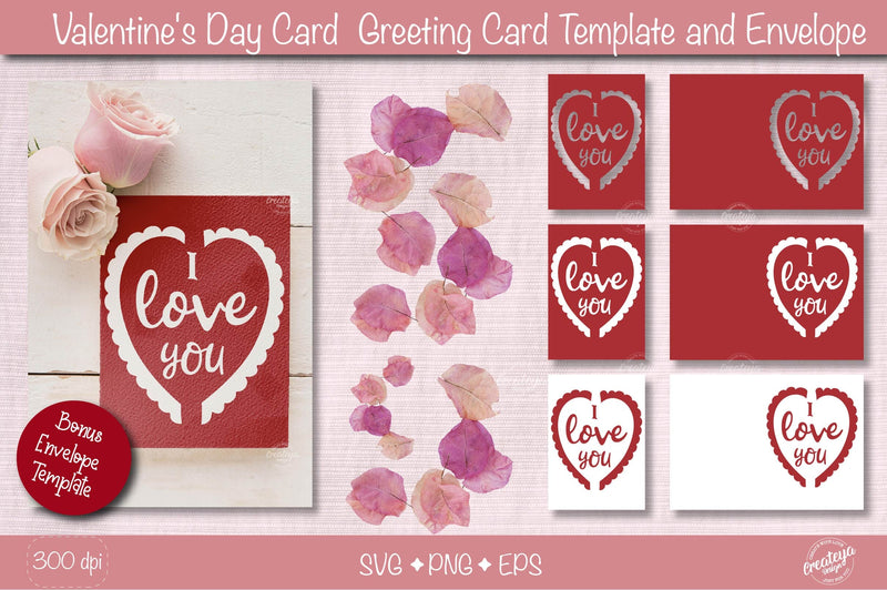 Valentine Card SVG| Heart card SVG template| Love cards| Greeting Card Template SVG| Printable SVG Createya Design 