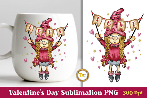 Valentine Cute Girl Gnome with Love Word Sublimation PNG Sublimation Dina.store4art 
