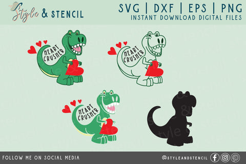 Valentine Dinosaur Heart Crusher SVG - PNG, DXF, EPS, SVG SVG Style and Stencil 