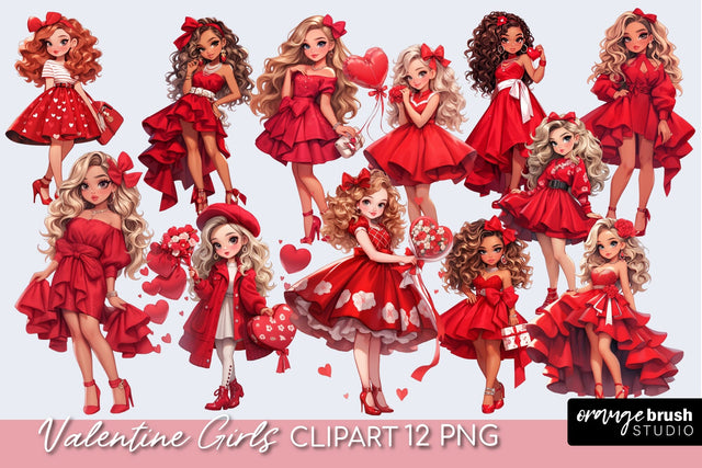 Valentine Girls Clipart, Valentines Day Fashion Clipart Sublimation OrangeBrushStudio 