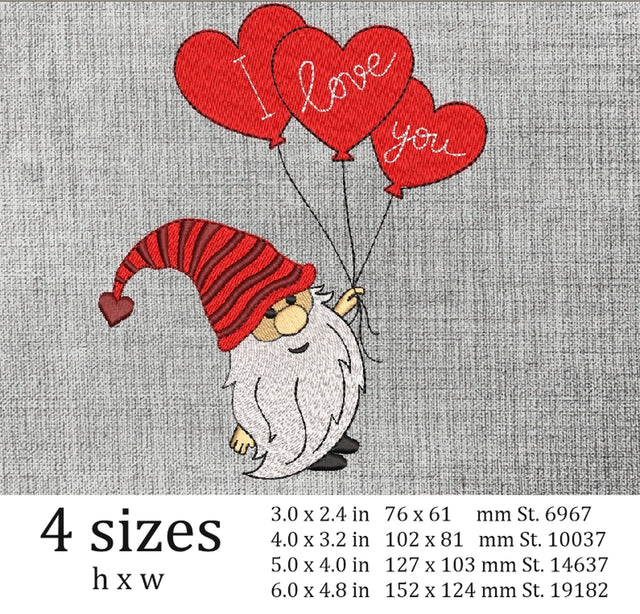 Valentine gnome embroidery design, Love embroidery designs, 4 sizes, Instant download Embroidery/Applique DESIGNS ArtEMByNatalia 