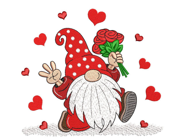 Valentine Gnome with Roses Embroidery Design, Happy Valentine's Day Embroidery File, 4 sizes, Instant Download Embroidery/Applique DESIGNS Nino Nadaraia 