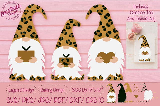 Valentine Gnomes, Leopard Gnome, Gnome SVG, Gnome Layered SVG Createya Design 