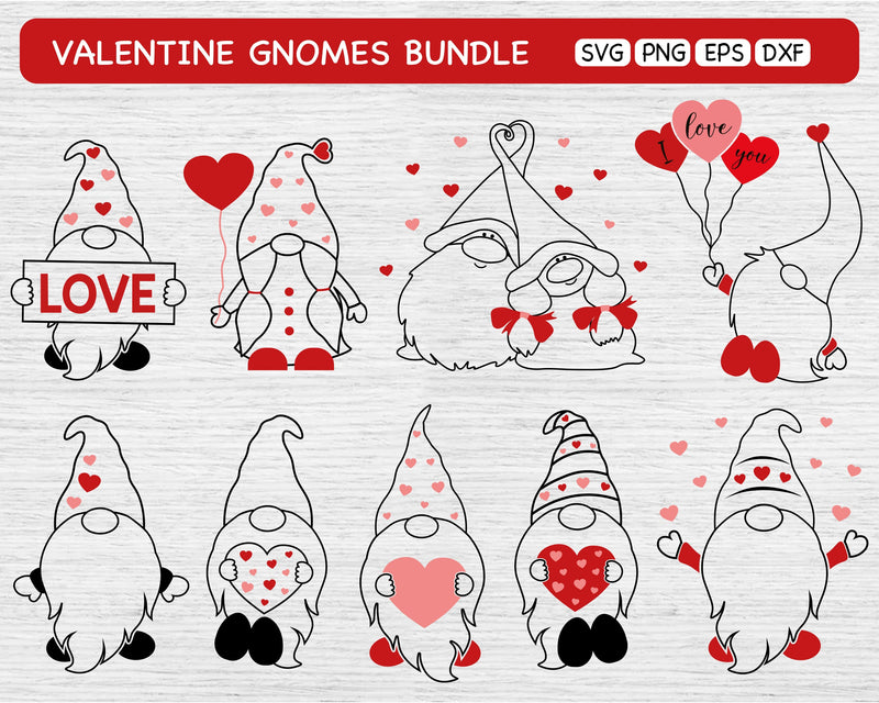 Valentine Gnomes Svg Bundle, Outline Gnomes Bundle, Valentine's Day Svg ...