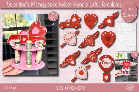 Valentine money cake holder Bundle SVG| Cardstock money cake | Heart, Truck, Balloon Money holder SVG Createya Design 