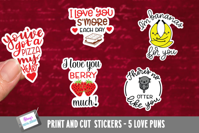 Valentine Stickers - 5 Printable Stickers - Love Puns SVG Stacy's Digital Designs 